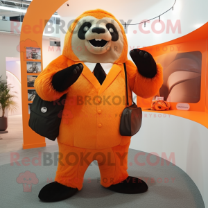 Orange Giant Sloth mascot costume character dressed with a Tuxedo and Messenger bags