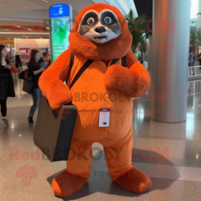 Orange Giant Sloth mascot costume character dressed with a Tuxedo and Messenger bags