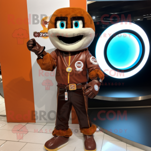 Rust Donut mascot costume character dressed with a Moto Jacket and Bracelet watches