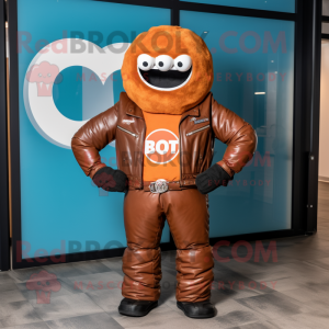 Rust Donut mascot costume character dressed with a Moto Jacket and Bracelet watches