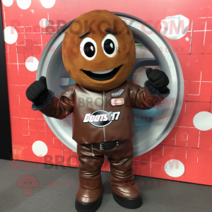Rust Donut mascot costume character dressed with a Moto Jacket and Bracelet watches