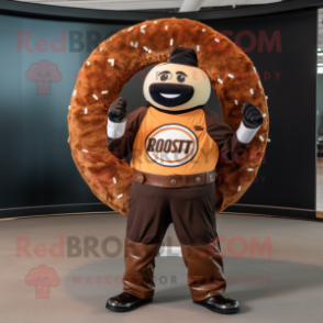 Rust Donut mascot costume character dressed with a Moto Jacket and Bracelet watches