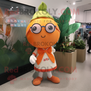 Orange Radish mascot costume character dressed with a Mini Dress and Eyeglasses