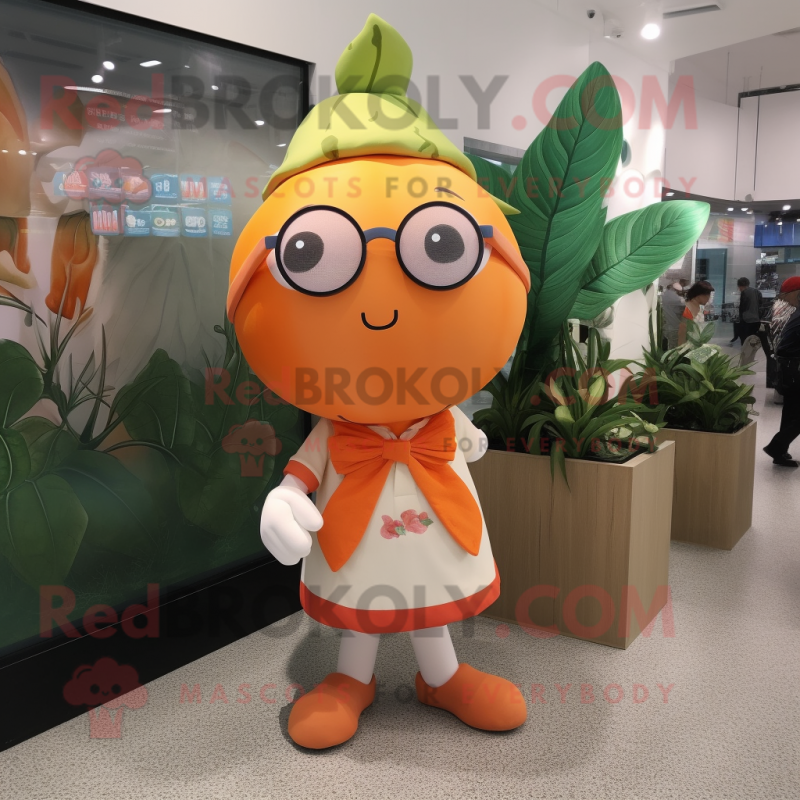Orange Radish mascot costume character dressed with a Mini Dress and Eyeglasses Orange Radish mascot costume character dressed with a Mini Dress and Eyeglasses