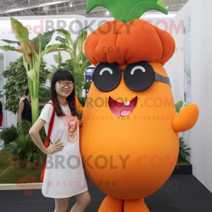 Orange Radish mascot costume character dressed with a Mini Dress and Eyeglasses