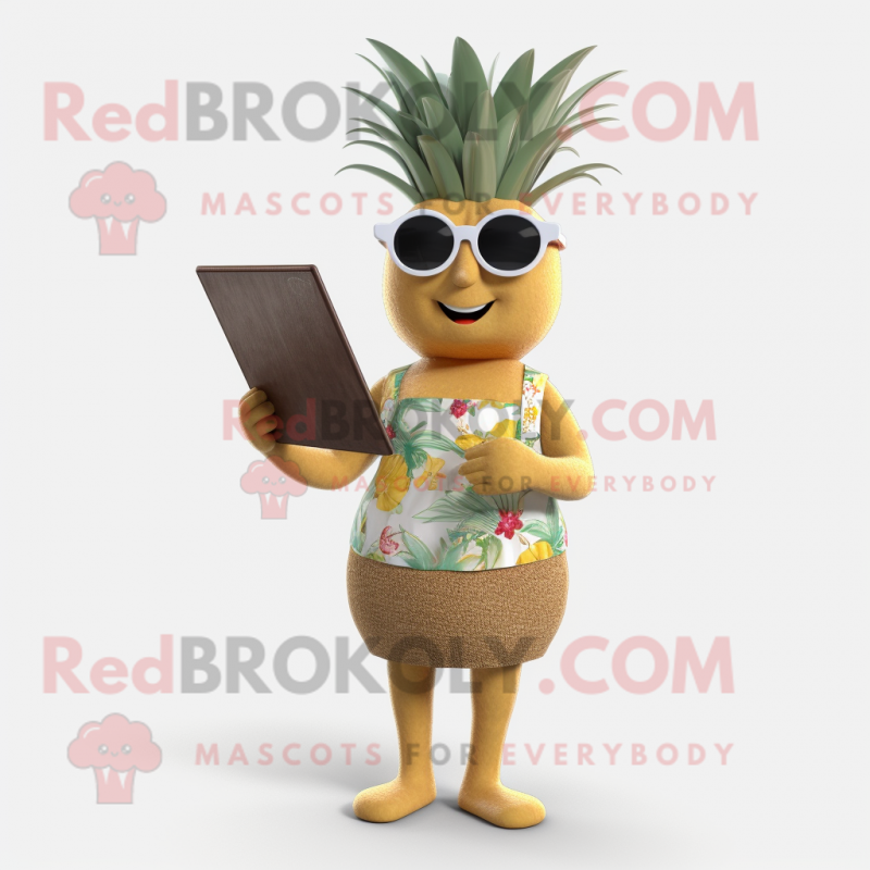 Tan Pineapple mascot costume character dressed with a Bikini and Reading glasses Tan Pineapple mascot costume character dressed with a Bikini and Reading glasses