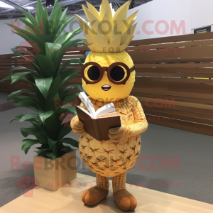 Tan Pineapple mascot costume character dressed with a Bikini and Reading glasses