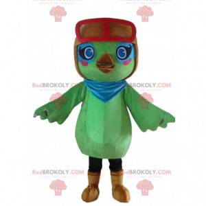 Green bird mascot, aviator costume, green animal -