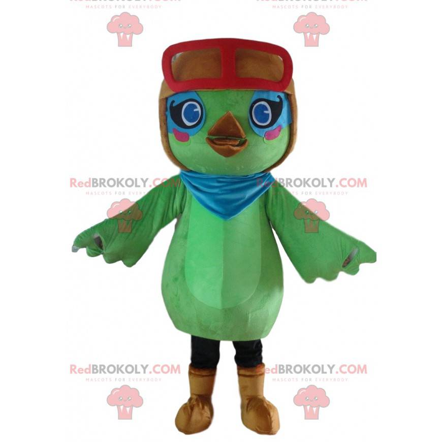 Green bird mascot, aviator costume, green animal -