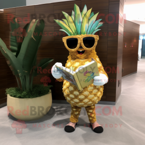 Tan Pineapple mascot costume character dressed with a Bikini and Reading glasses