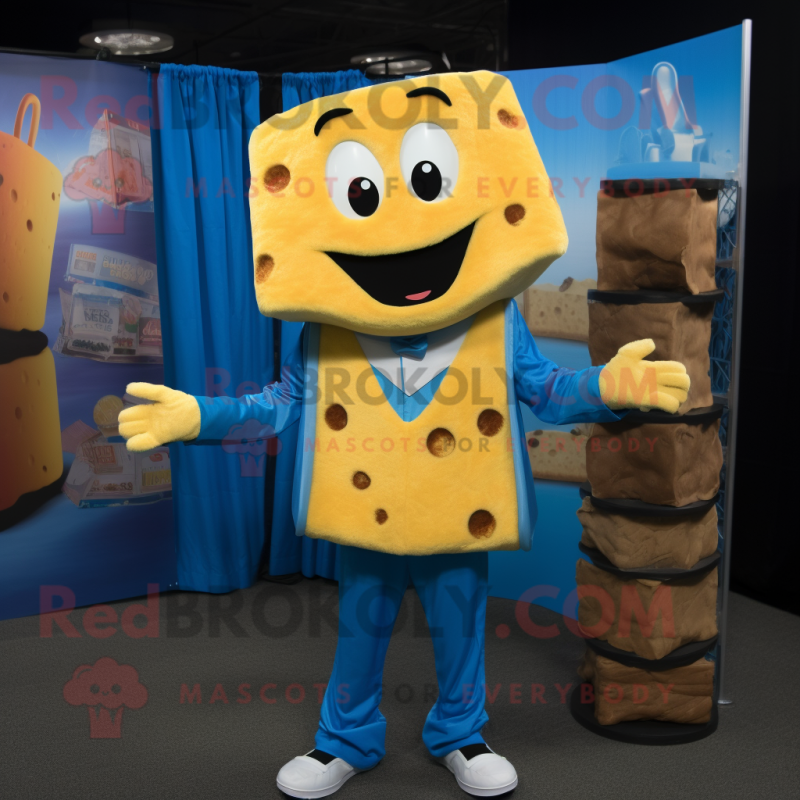 Blue Grilled Cheese Sandwich mascot costume character dressed with a Jacket and Suspenders Blue Grilled Cheese Sandwich mascot costume character dressed with a Jacket and Suspenders