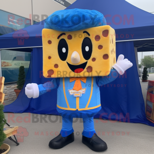 Blue Grilled Cheese Sandwich mascot costume character dressed with a Jacket and Suspenders