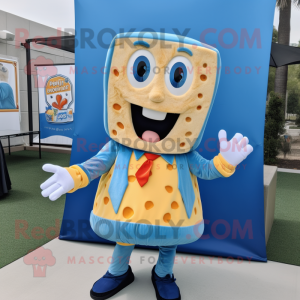 Blue Grilled Cheese Sandwich mascot costume character dressed with a Jacket and Suspenders