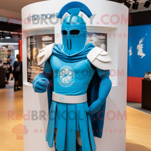 Sky Blue Spartan Soldier mascot costume character dressed with a Henley Tee and Shawl pins