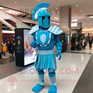 Sky Blue Spartan Soldier mascot costume character dressed with a Henley Tee and Shawl pins