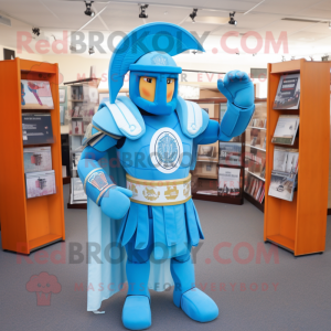 Sky Blue Spartan Soldier mascot costume character dressed with a Henley Tee and Shawl pins