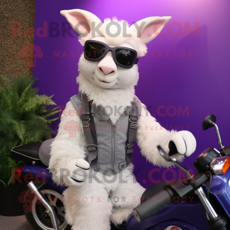 Lavender Angora Goat mascot costume character dressed with a Moto Jacket and Sunglasses Lavender Angora Goat mascot costume character dressed with a Moto Jacket and Sunglasses