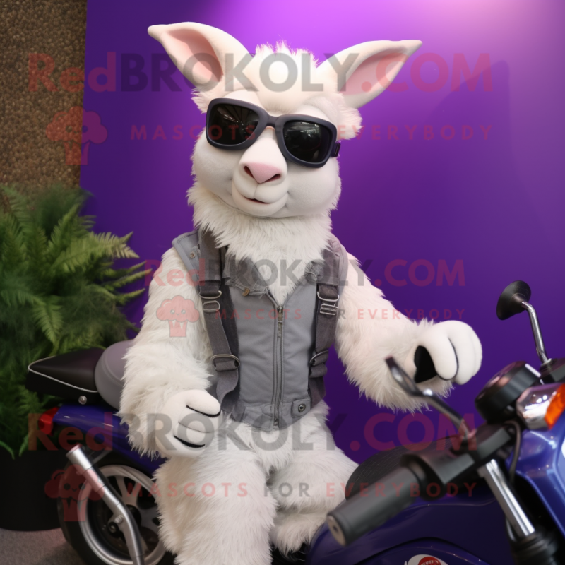 Lavender Angora Goat mascot costume character dressed with a Moto Jacket and Sunglasses