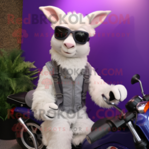 Lavender Angora Goat mascot costume character dressed with a Moto Jacket and Sunglasses