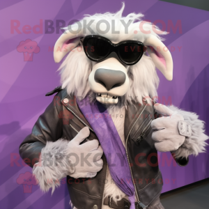 Lavender Angora Goat mascot costume character dressed with a Moto Jacket and Sunglasses