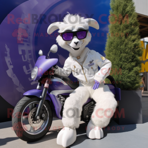 Lavender Angora Goat mascot costume character dressed with a Moto Jacket and Sunglasses