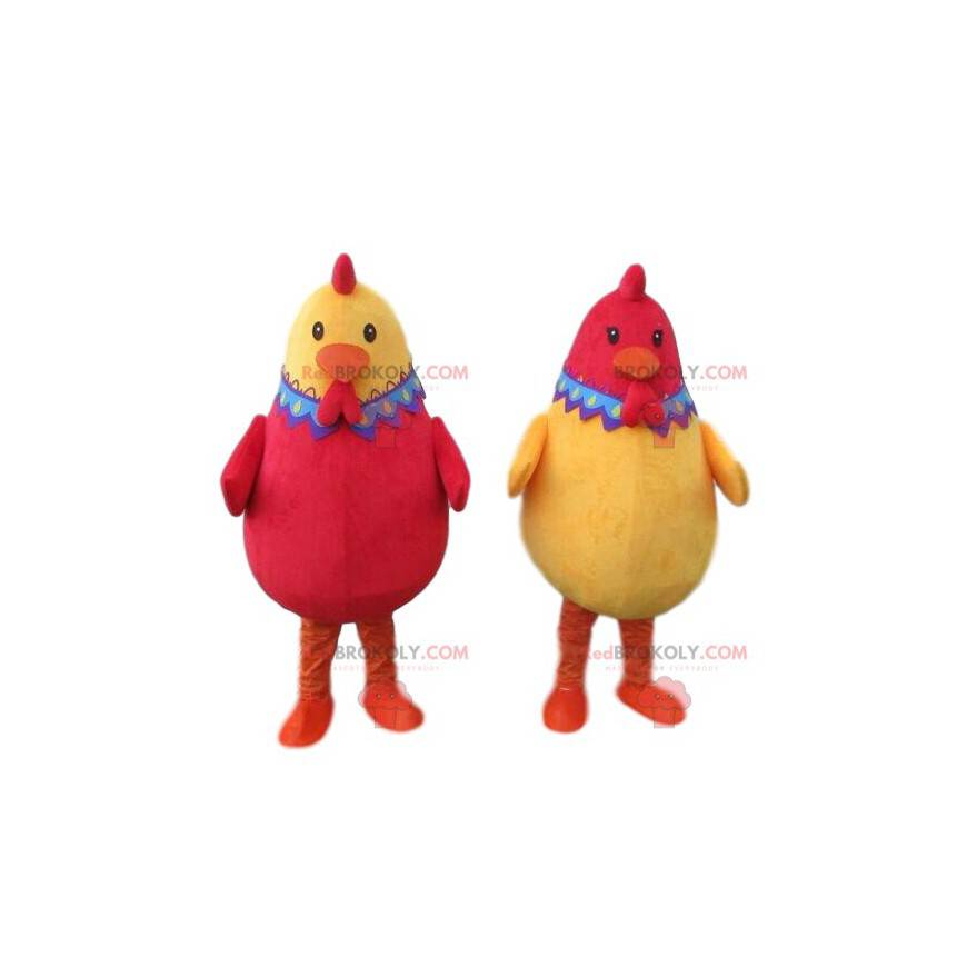 2 mascots of red and yellow hens, 2 colored chickens -