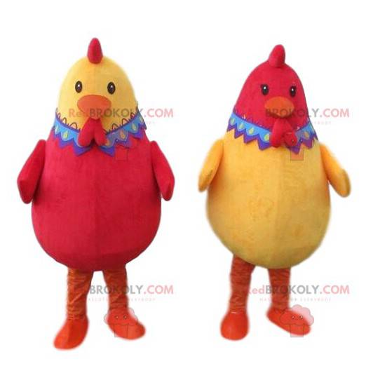 2 mascots of red and yellow hens, 2 colored chickens -