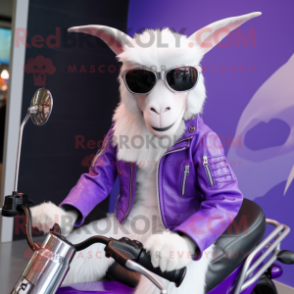 Lavender Angora Goat mascot costume character dressed with a Moto Jacket and Sunglasses