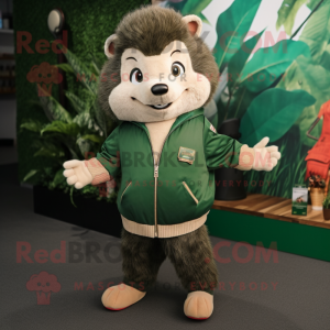 Forest Green Hedgehog mascot costume character dressed with a Bomber Jacket and Ties