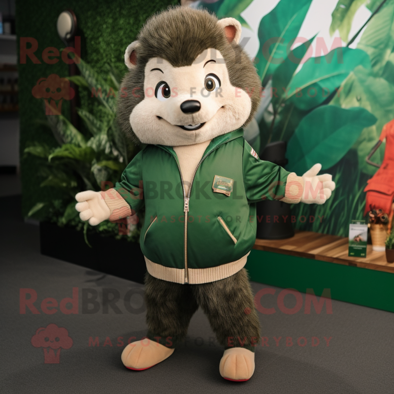 Forest Green Hedgehog mascot costume character dressed with a Bomber Jacket and Ties Forest Green Hedgehog mascot costume character dressed with a Bomber Jacket and Ties