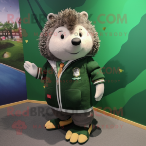 Forest Green Hedgehog mascot costume character dressed with a Bomber Jacket and Ties