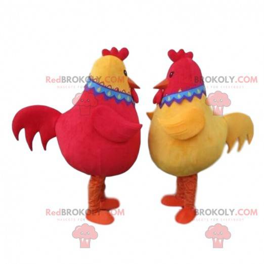 2 mascots of red and yellow hens, 2 colored chickens -