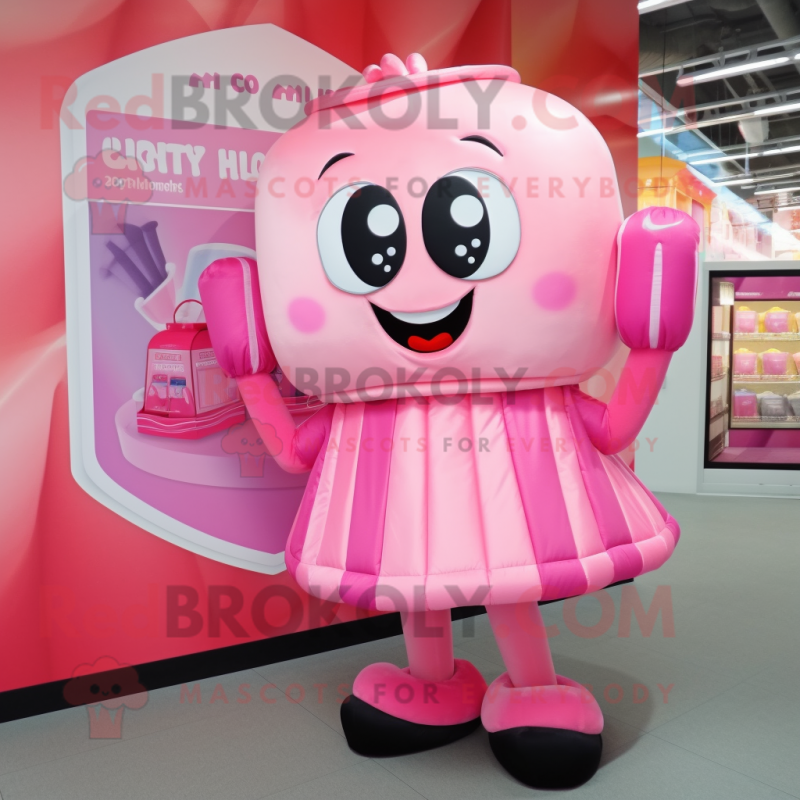 Pink Candy Box mascot costume character dressed with a Cover-up and Clutch bags Pink Candy Box mascot costume character dressed with a Cover-up and Clutch bags