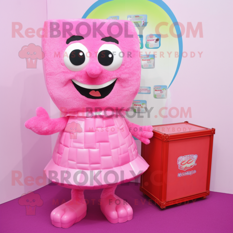 Pink Candy Box mascot costume character dressed with a Cover-up and Clutch bags Pink Candy Box mascot costume character dressed with a Cover-up and Clutch bags