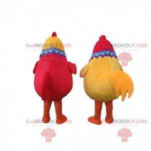 2 mascots of red and yellow hens, 2 colored chickens -