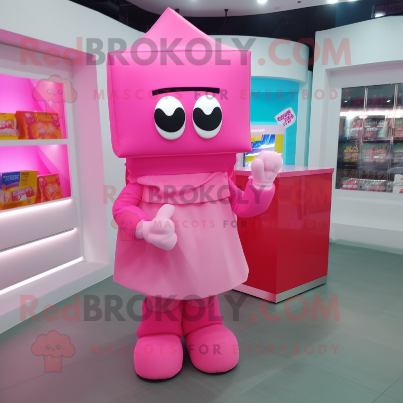 Pink Candy Box mascot costume character dressed with a Cover-up and Clutch bags Pink Candy Box mascot costume character dressed with a Cover-up and Clutch bags