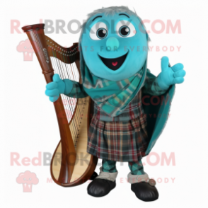 Turquoise Celtic Harp mascot costume character dressed with a Flannel Shirt and Gloves
