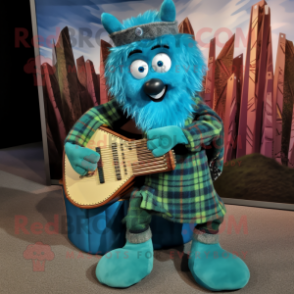 Turquoise Celtic Harp mascot costume character dressed with a Flannel Shirt and Gloves