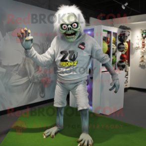 Silver Zombie mascot costume character dressed with a Sweatshirt and Rings