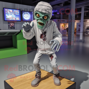 Silver Zombie mascot costume character dressed with a Sweatshirt and Rings