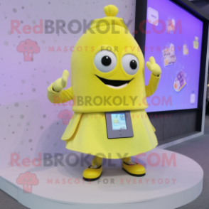 Lemon Yellow Phone mascot costume character dressed with a Wrap Skirt and Smartwatches