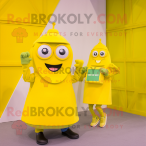 Lemon Yellow Phone mascot costume character dressed with a Wrap Skirt and Smartwatches
