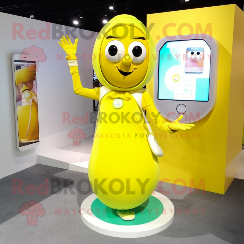 Lemon Yellow Phone mascot costume character dressed with a Wrap Skirt and Smartwatches