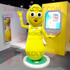 Lemon Yellow Phone mascot costume character dressed with a Wrap Skirt and Smartwatches