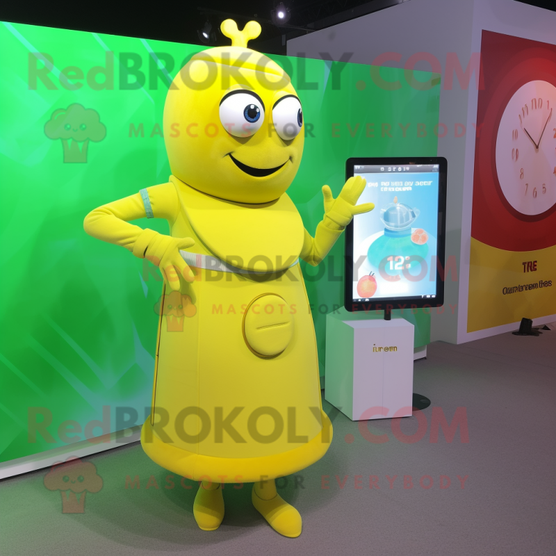Lemon Yellow Phone mascot costume character dressed with a Wrap Skirt and Smartwatches