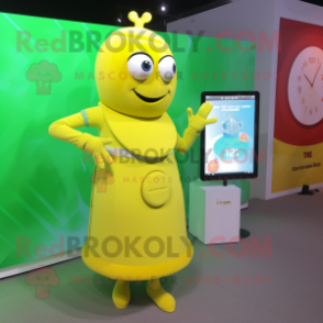 Lemon Yellow Phone mascot costume character dressed with a Wrap Skirt and Smartwatches