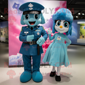 Teal Air Force Soldier mascot costume character dressed with a Mini Dress and Berets