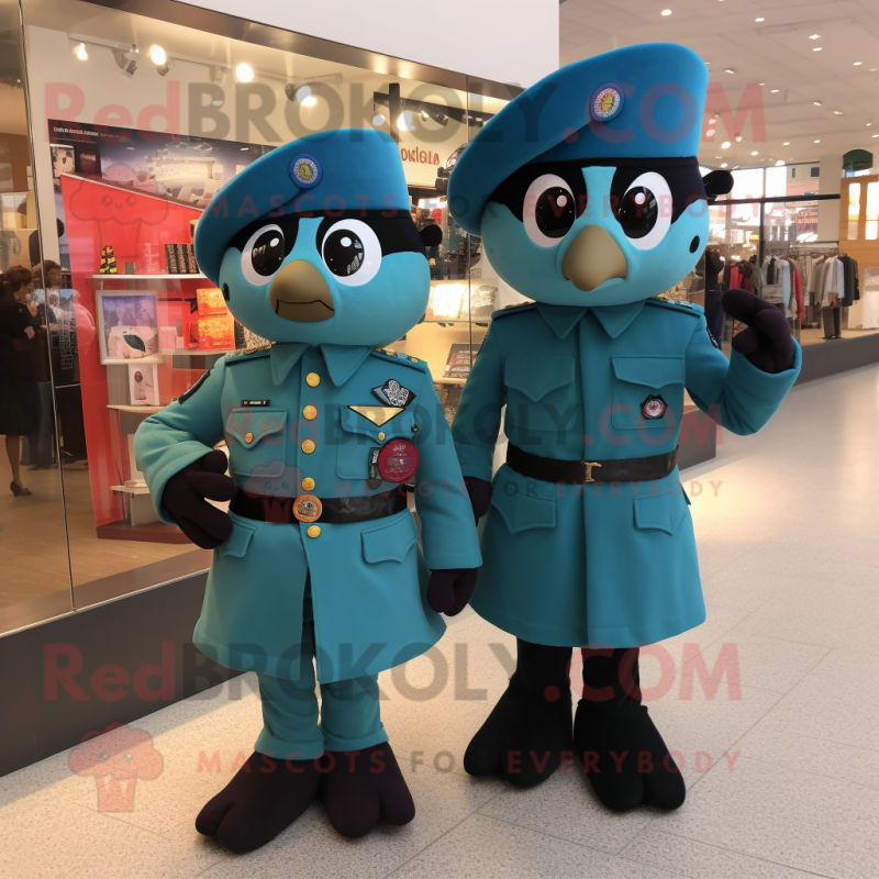Teal Air Force Soldier mascot costume character dressed with a Mini Dress and Berets Teal Air Force Soldier mascot costume character dressed with a Mini Dress and Berets
