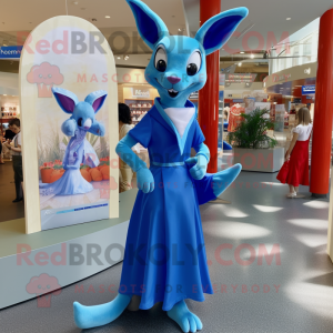 Blue Kangaroo mascot costume character dressed with a A-Line Dress and Shoe clips