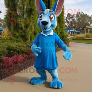 Blue Kangaroo mascot costume character dressed with a A-Line Dress and Shoe clips